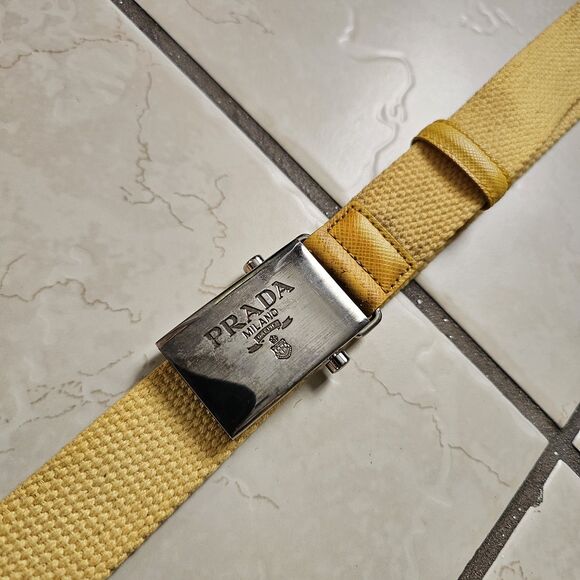 PRADA Waist Belt Yellow Nylon Fabric Silver Logo Buckle Size 36 Made In Italy - Picture 1 of 15